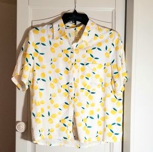 🍋Japna Lemon Print Button Up Blouse front Pocket